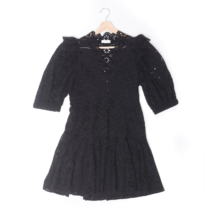 Puff Sleeve Knee Length Lace Dress Black