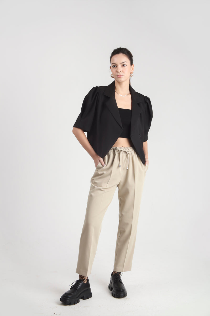 Drawstring Beige Relaxed Trousers