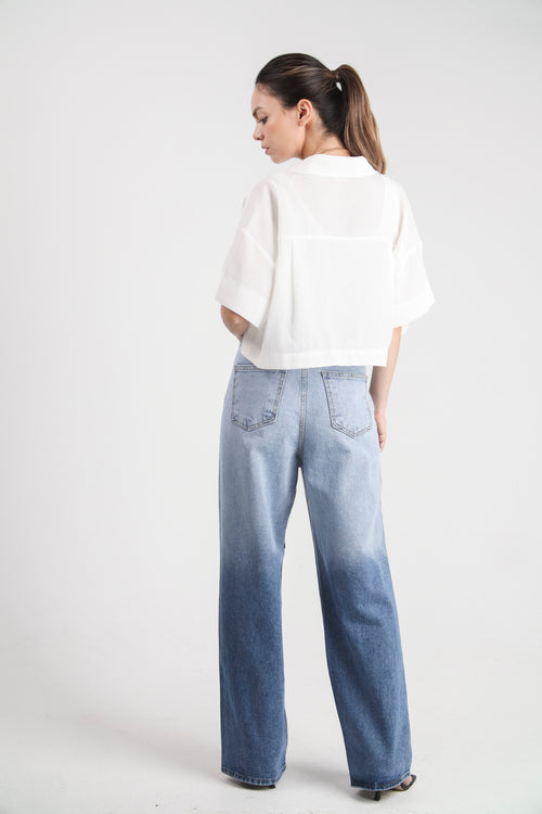 White Linen Blend Crop Collared Shirt