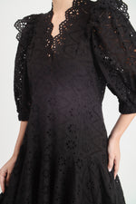 Puff Sleeve Knee Length Lace Dress Black