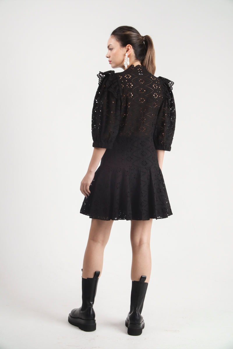 Puff Sleeve Knee Length Lace Dress Black