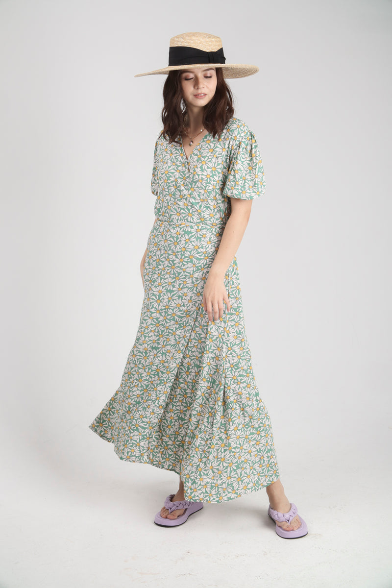 Green Daisy Long Wrap Dress